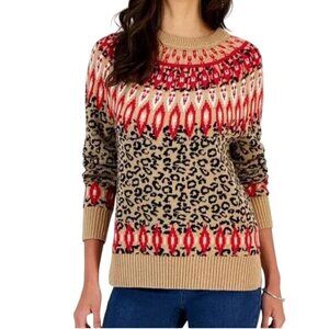 Charter Club Leopard Red Gold Fairisle Cotton Blend Pullover Sweater Size L